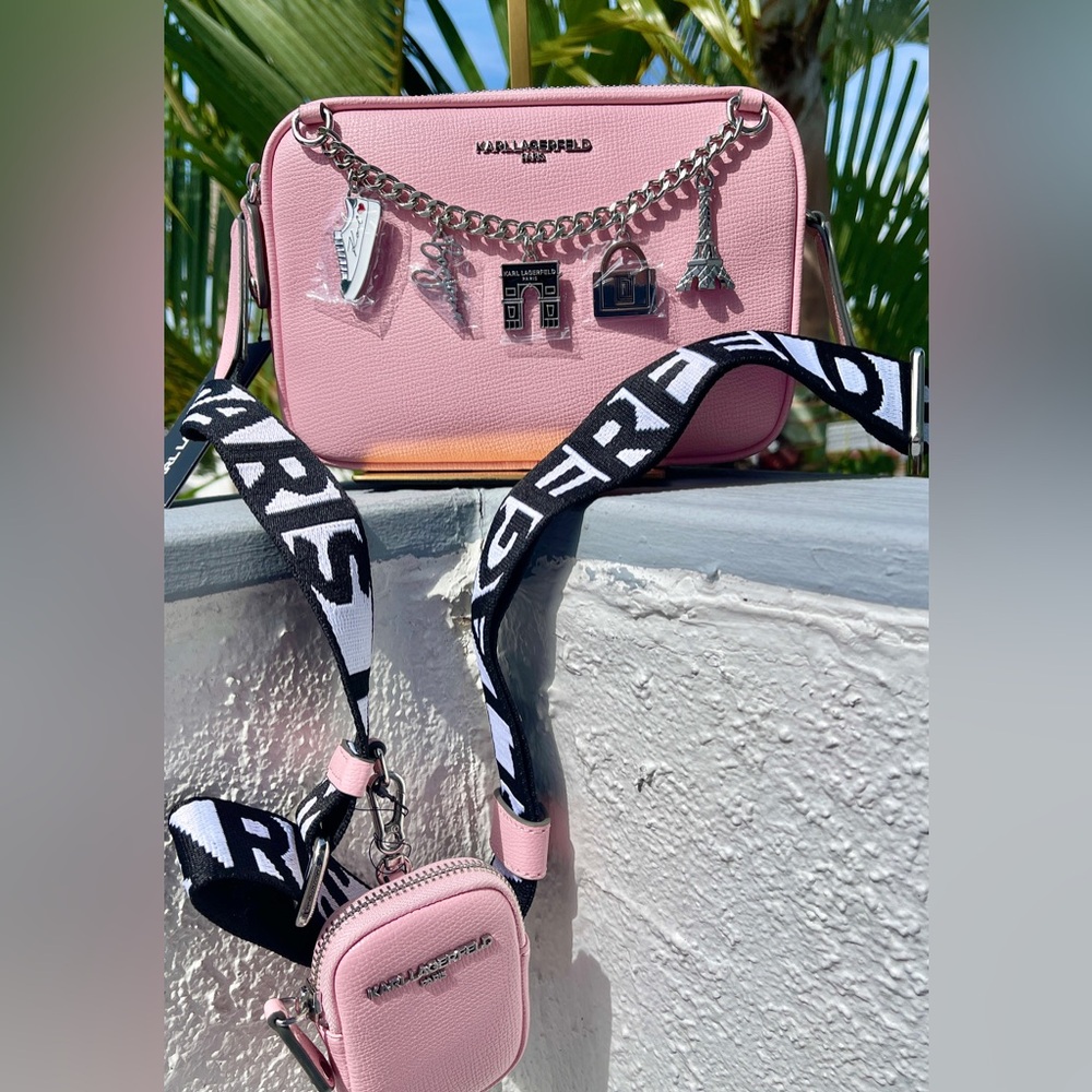 Karl Lagerfeld NWT Crossbody Bag Blush/Silver Accent Chain dangling charms front